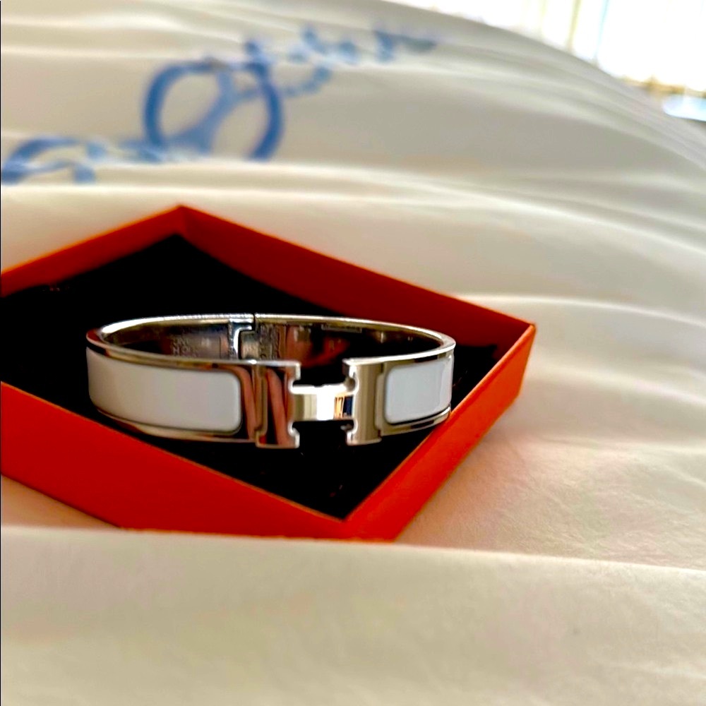 Hermes Silver and White H Bracelet